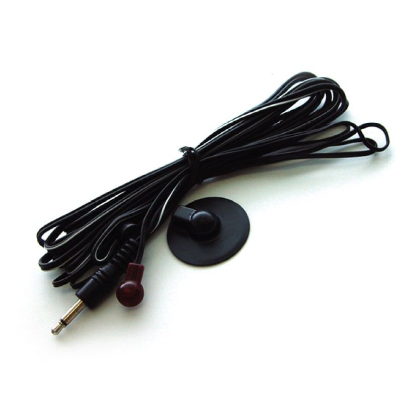 Forte A-Bus Ire-110 Single Emitter A coiled forte a-bus ire-110 single emitter, featuring a long black cable with a 3. 5mm audio jack on one end and a small round sensor with a suction cup on the other, rests neatly on a white surface.
