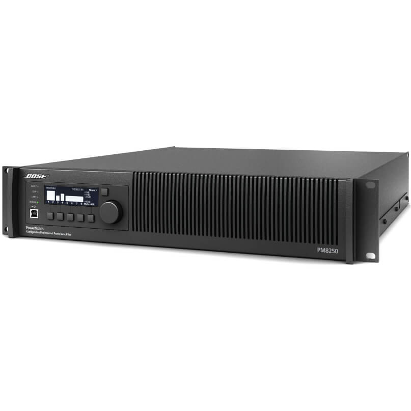 Bose Powermatch Pm8250 Professional Power Amplifier A black bose powermatch pm8250 professional power amplifier featuring a digital display, control knob, and air vents, designed for rack mounting in audio systems.