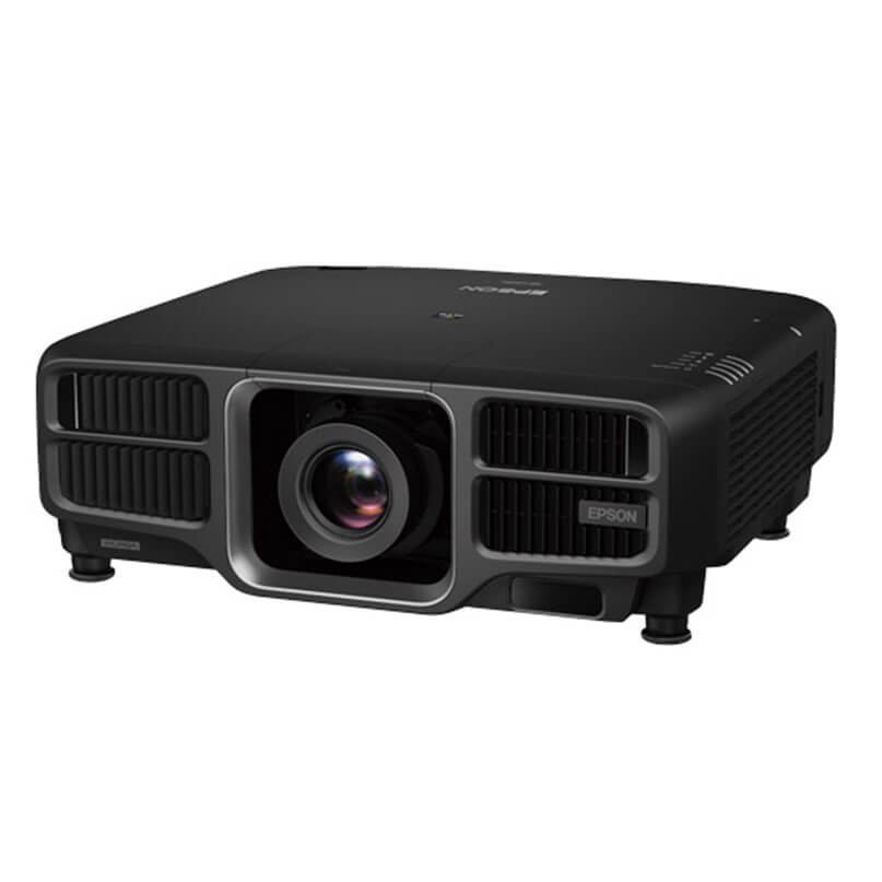 The epson eb-l1405unl installation multimedia projector, featuring a black design with a central lens, vented sides, and adjustable feet, is displayed on a white background.