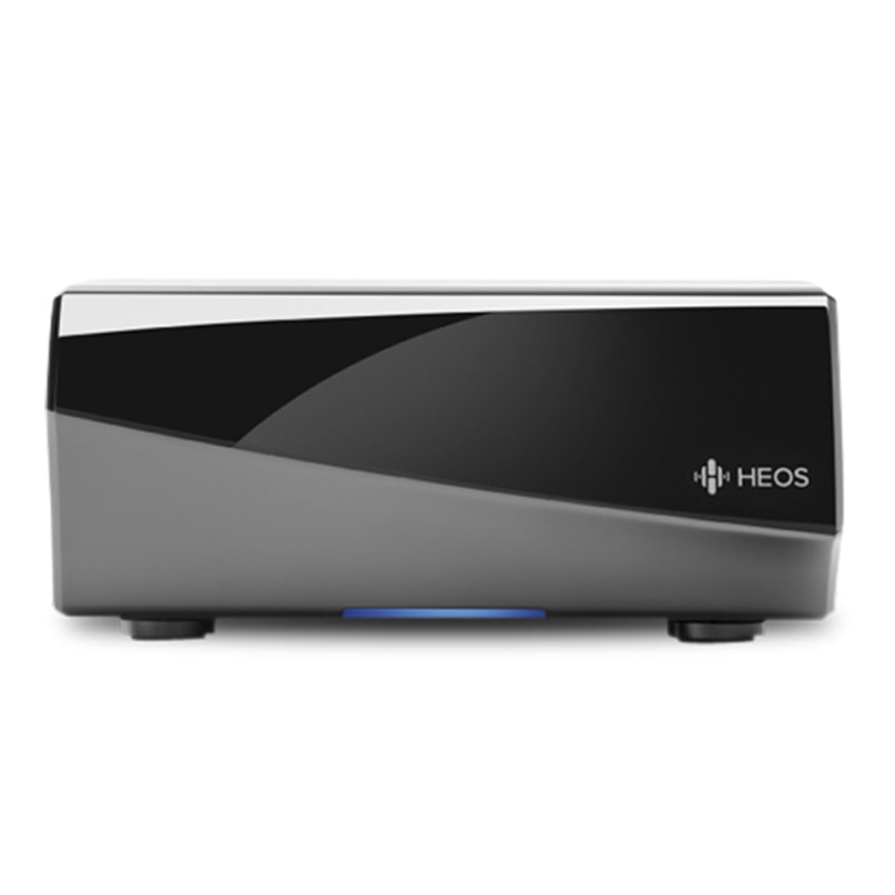 Heos Amp Hs2 Multi-Room Sound System A black and gray rectangular heos amp hs2 multi-room sound system with a glossy front panel, logo on the right, and two short feet, shown on a white background.