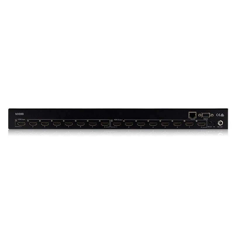 Blustream Mx88B 4K 8 X 8 Matrix Switcher With Edid Control Rear view of the blustream mx88b 4k 8 x 8 matrix switcher with edid control in black, featuring sixteen hdmi ports, one ethernet port, a dc power input, a switch, and product labeling on the right side.